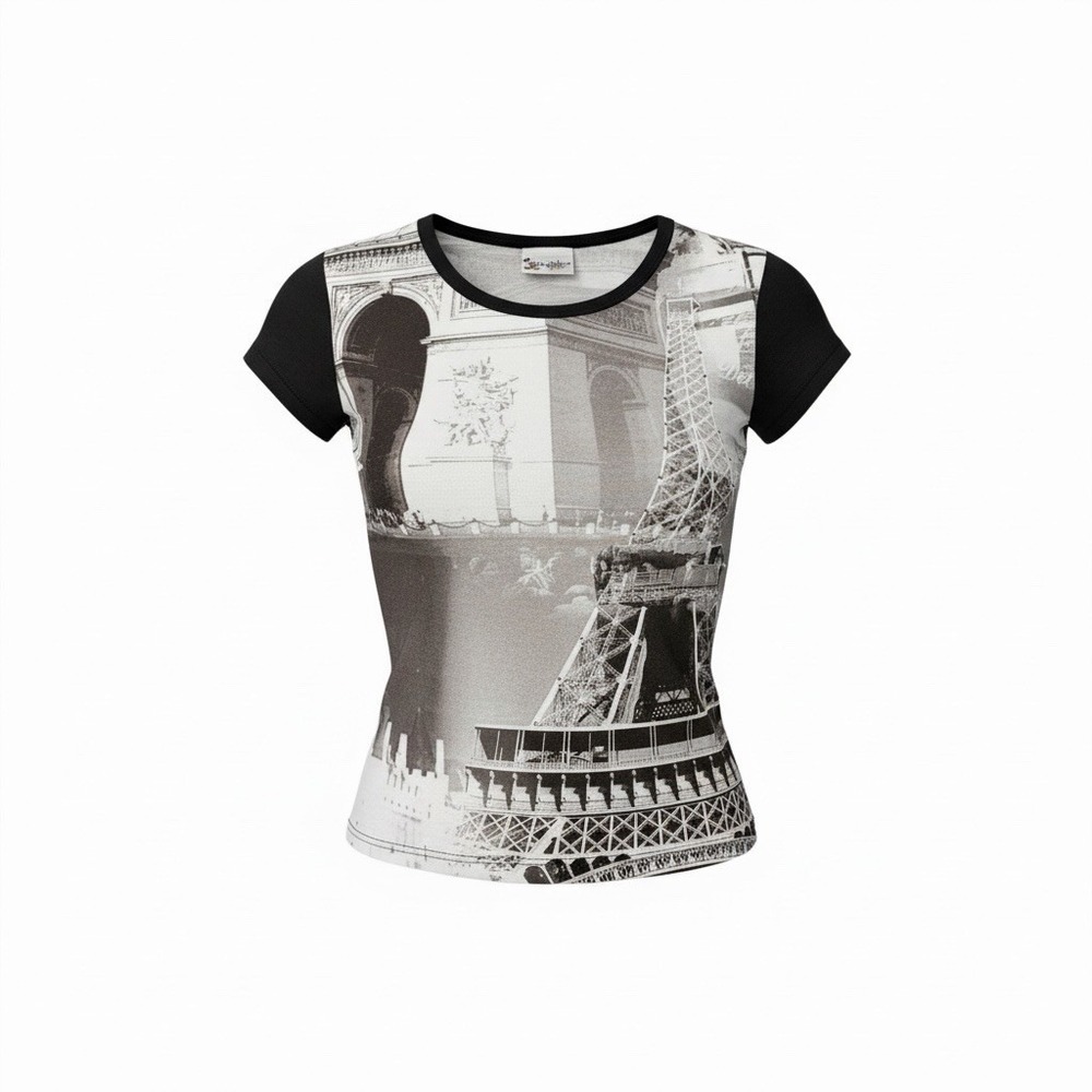 Y2K Disney World Women's Paris Eiffel Tower Baby Tee Fitted Top Size M Black